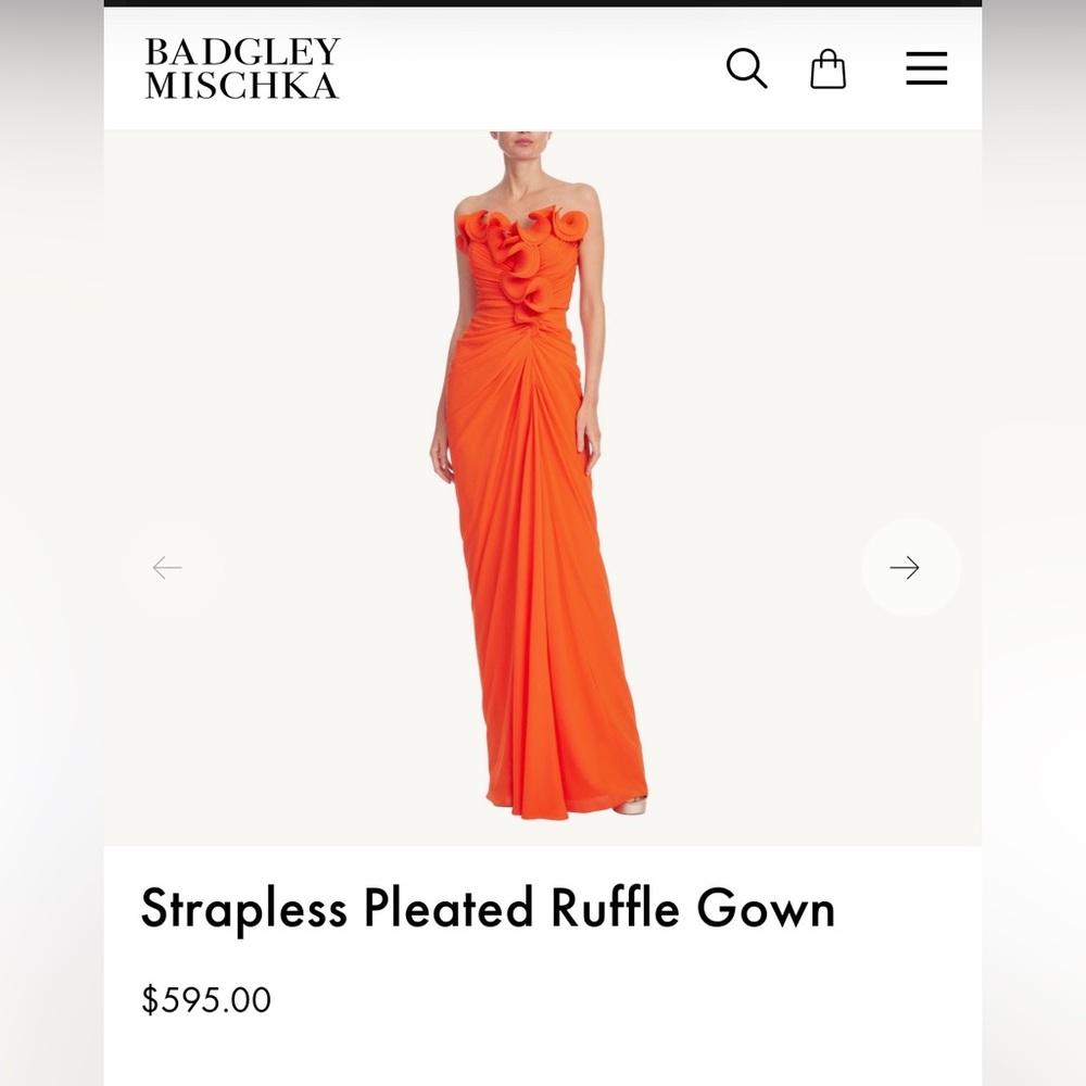 Badgley Mischka Strapless Pleated Ruffle Gown - Red Orange